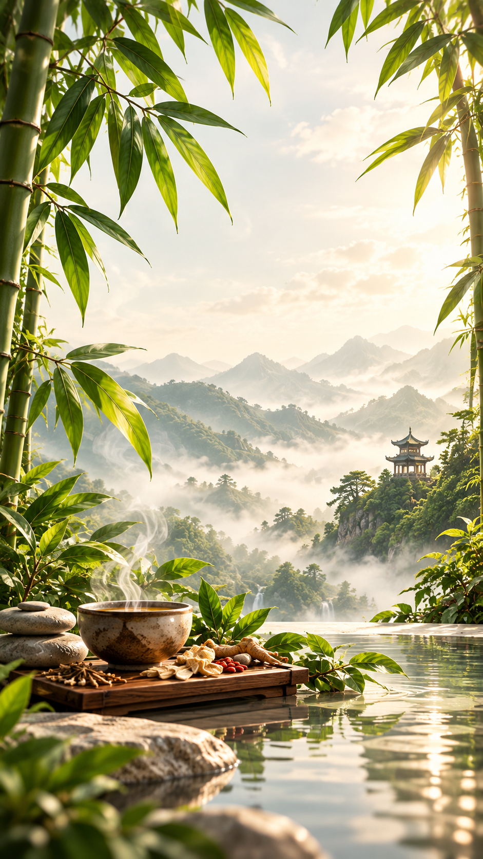 Bambu, chá e montanhas numa paisagem serena